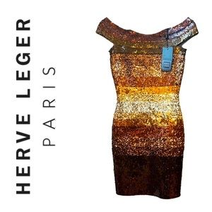 Herve Leger Gold & Bronze Sequin Bandage Cocktail Dress, Size Small.